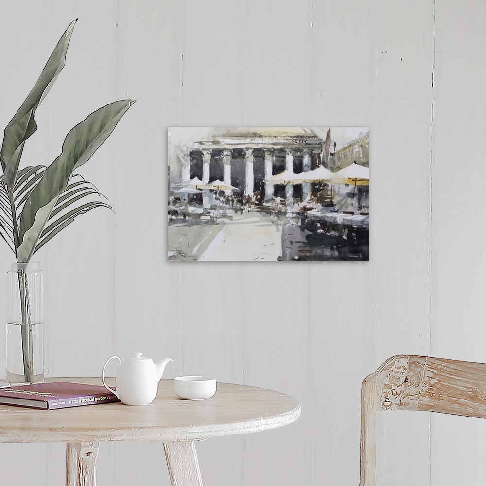 A farmhouse room featuring This contemporary artwork is a quick watercolor sketch of a street scene in front of Pantheon.