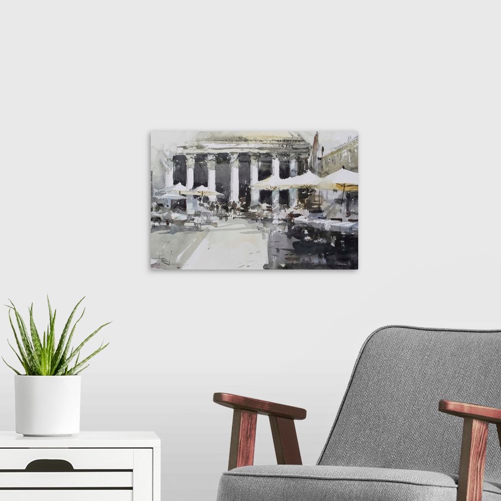 A modern room featuring This contemporary artwork is a quick watercolor sketch of a street scene in front of Pantheon.