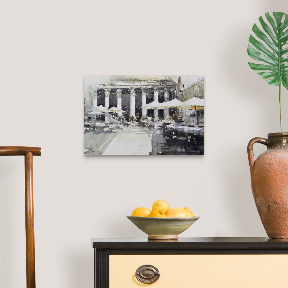 A traditional room featuring This contemporary artwork is a quick watercolor sketch of a street scene in front of Pantheon.