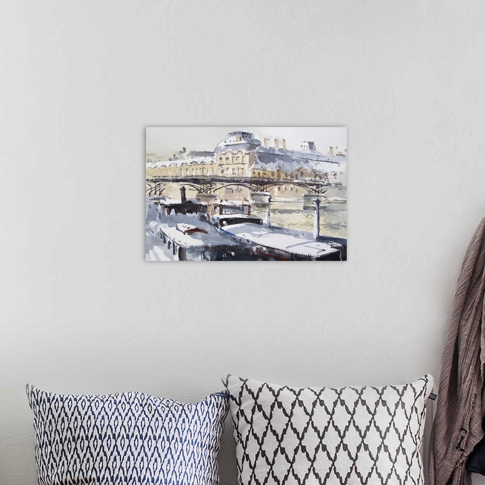 A bohemian room featuring A watercolor artwork of Pont des Arts in Paris shows snow covered barges in the winter.