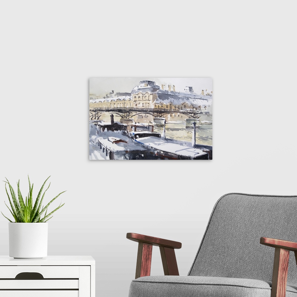 A modern room featuring A watercolor artwork of Pont des Arts in Paris shows snow covered barges in the winter.