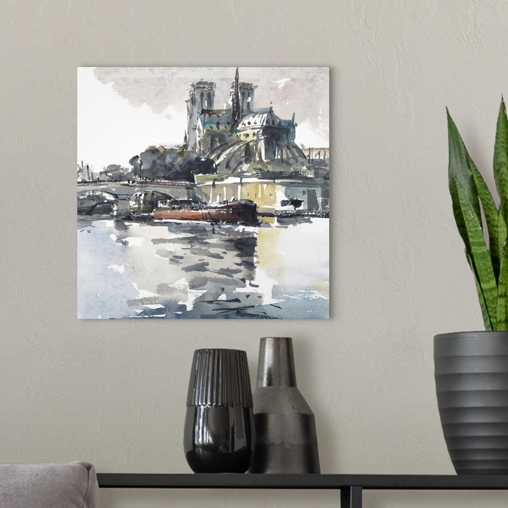 A modern room featuring This contemporary artwork uses moody grays and rustling watercolor brush strokes to illustrate th...