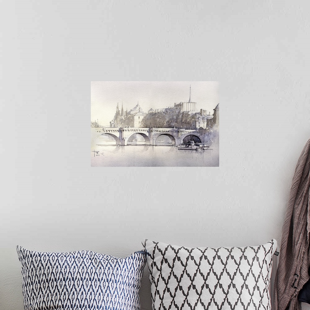 A bohemian room featuring Soft brush strokes of warm watercolors create a hazy moody landscape of the Pont Neuf Bridge.