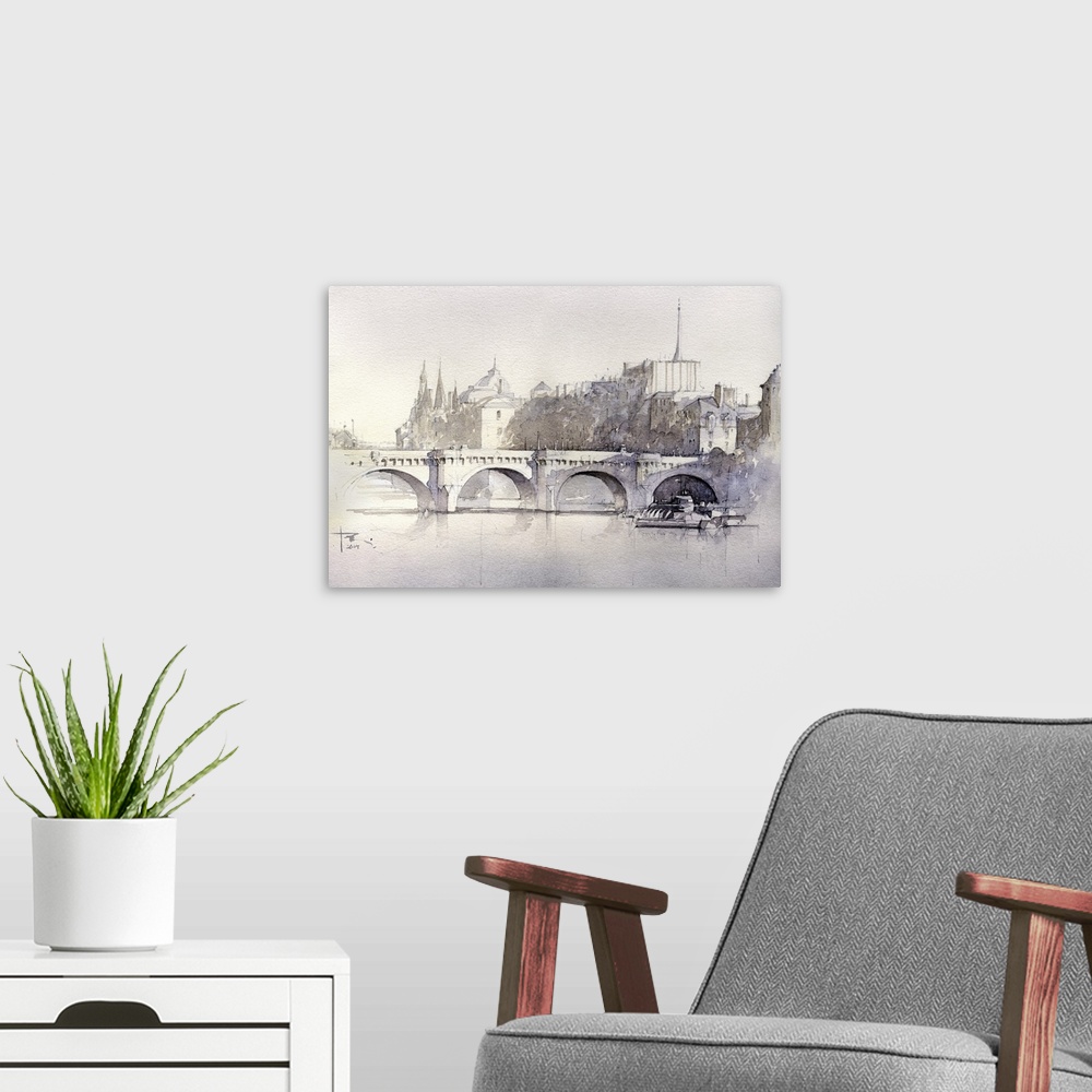 A modern room featuring Soft brush strokes of warm watercolors create a hazy moody landscape of the Pont Neuf Bridge.