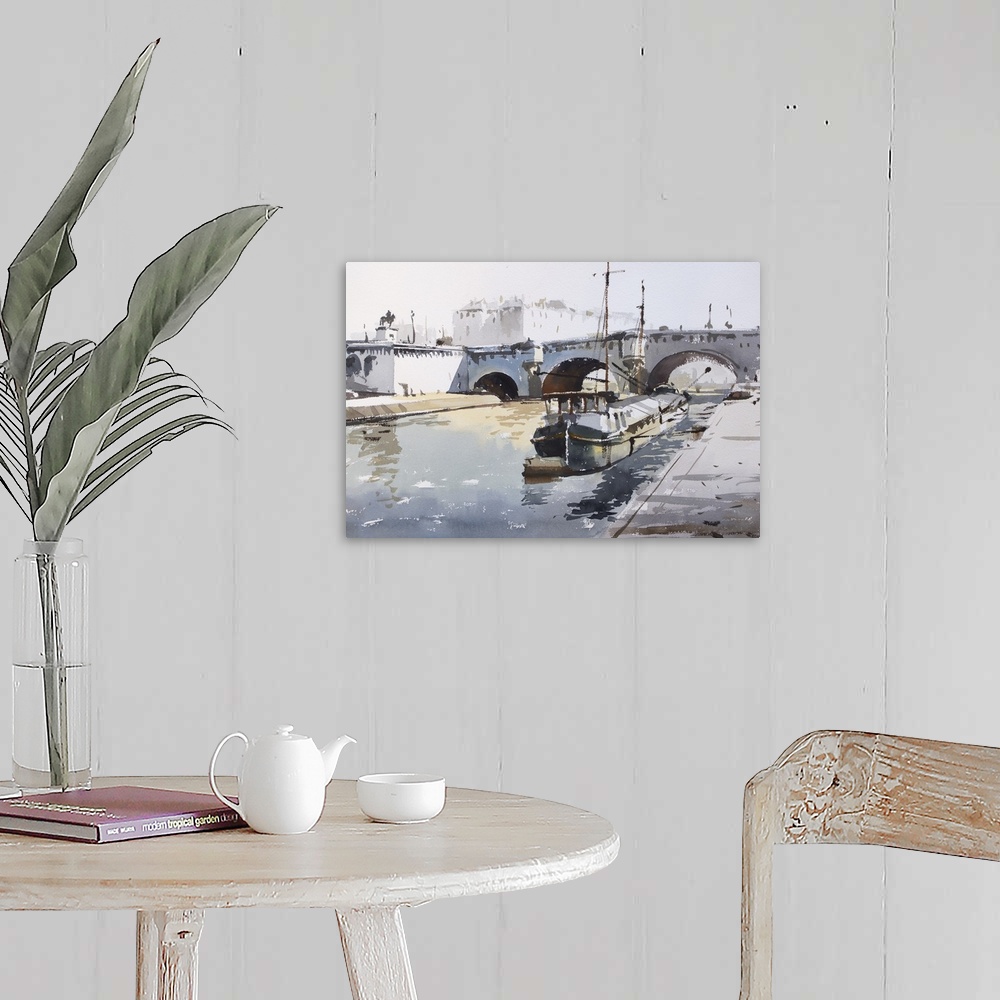 A farmhouse room featuring This contemporary artwork uses dry watercolor brush strokes in muted colors to illustrate a barge...