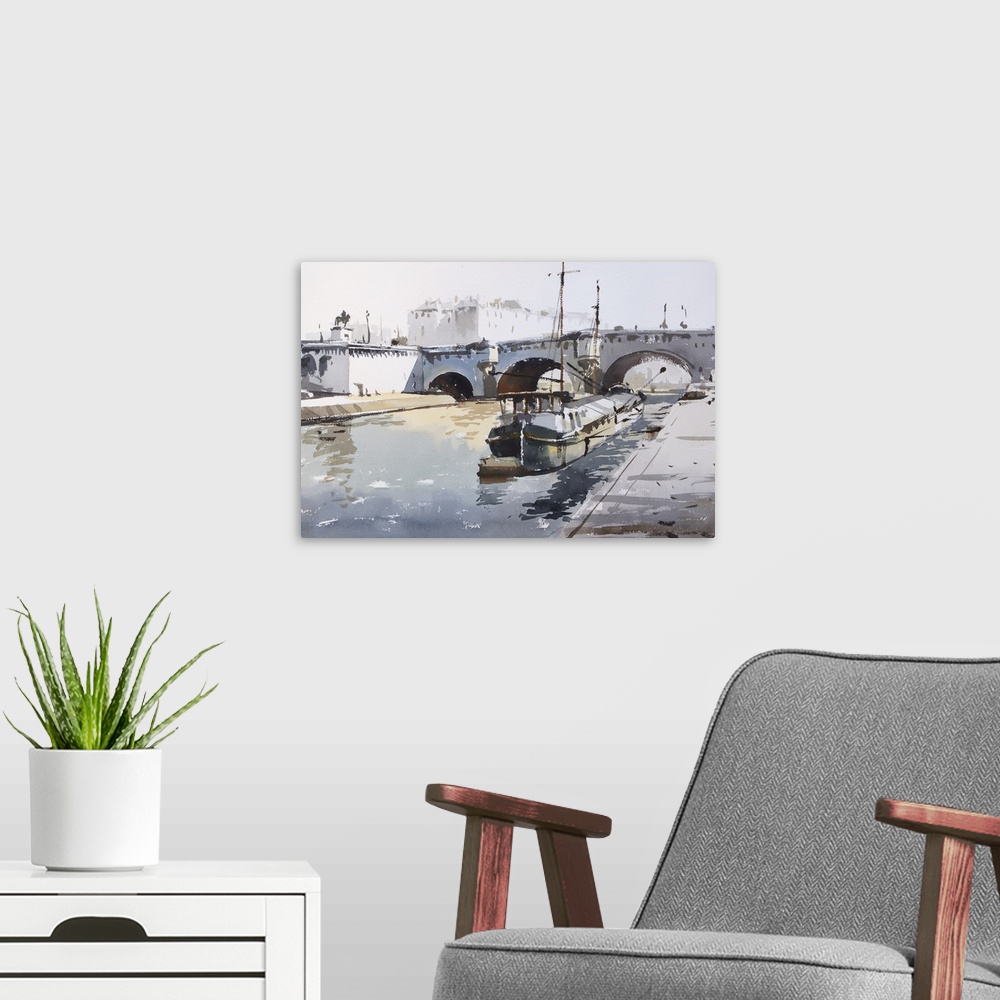 A modern room featuring This contemporary artwork uses dry watercolor brush strokes in muted colors to illustrate a barge...