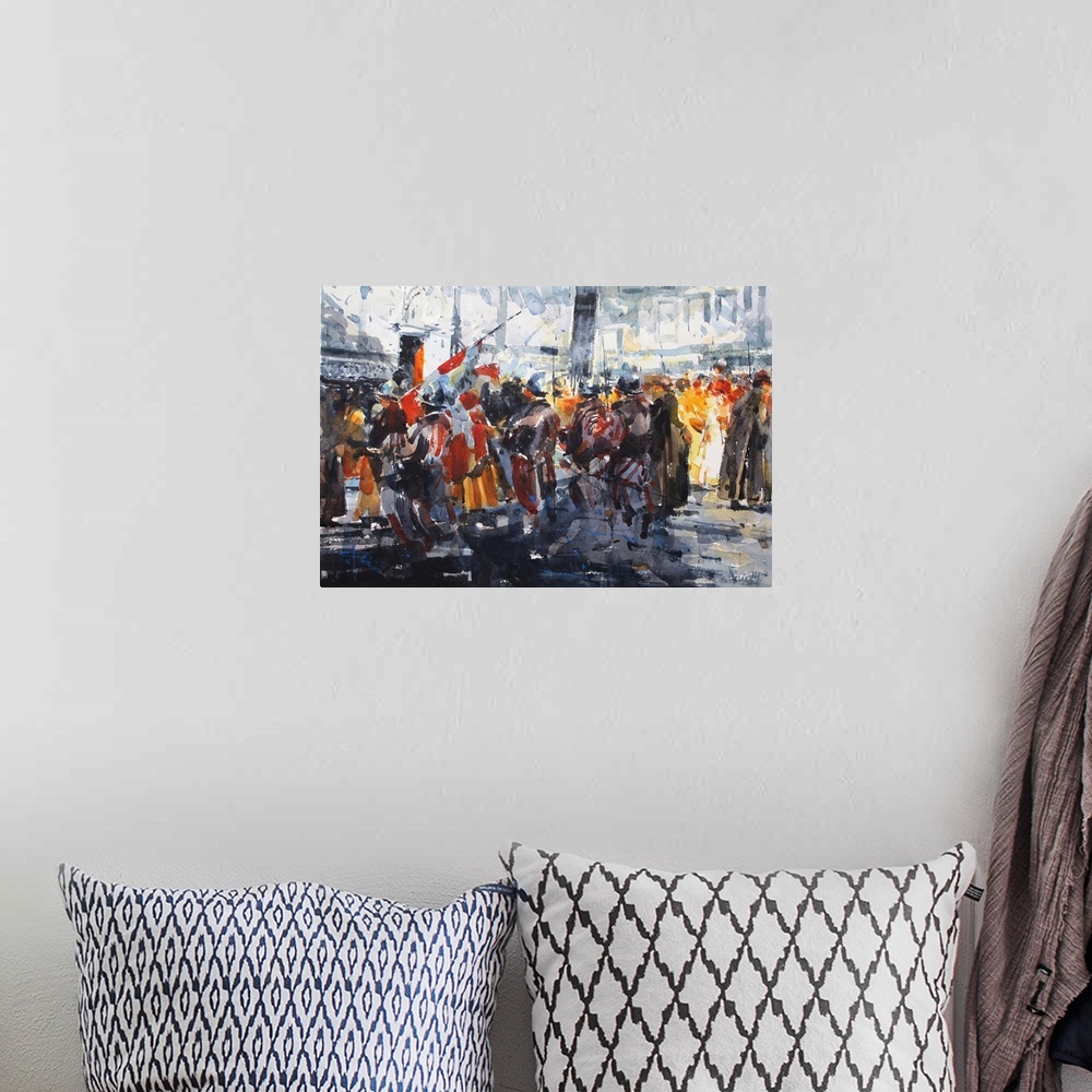 A bohemian room featuring Dynamic brush strokes and pops of color create a scene of a procession in front of a cathedral of...