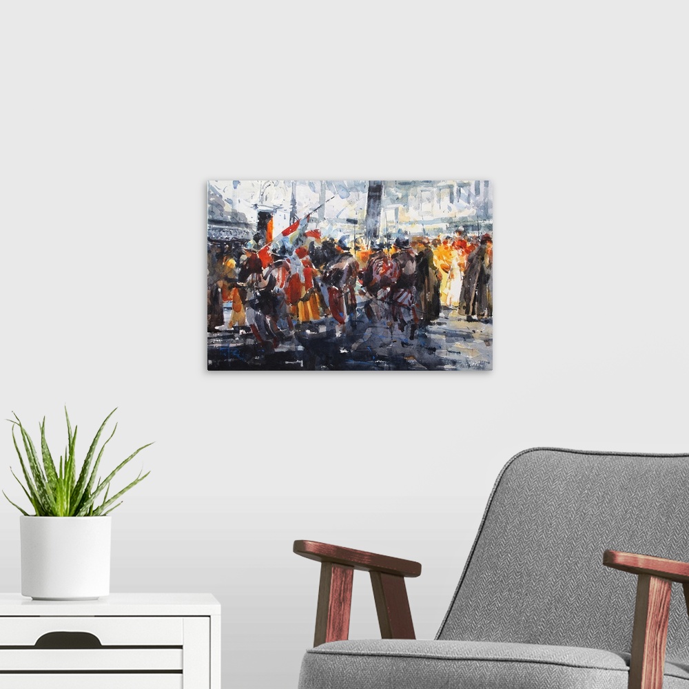 A modern room featuring Dynamic brush strokes and pops of color create a scene of a procession in front of a cathedral of...
