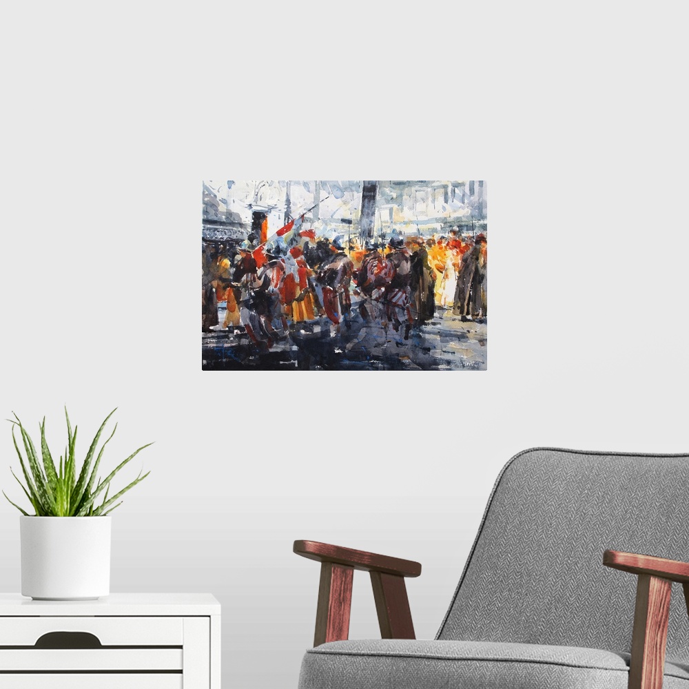 A modern room featuring Dynamic brush strokes and pops of color create a scene of a procession in front of a cathedral of...