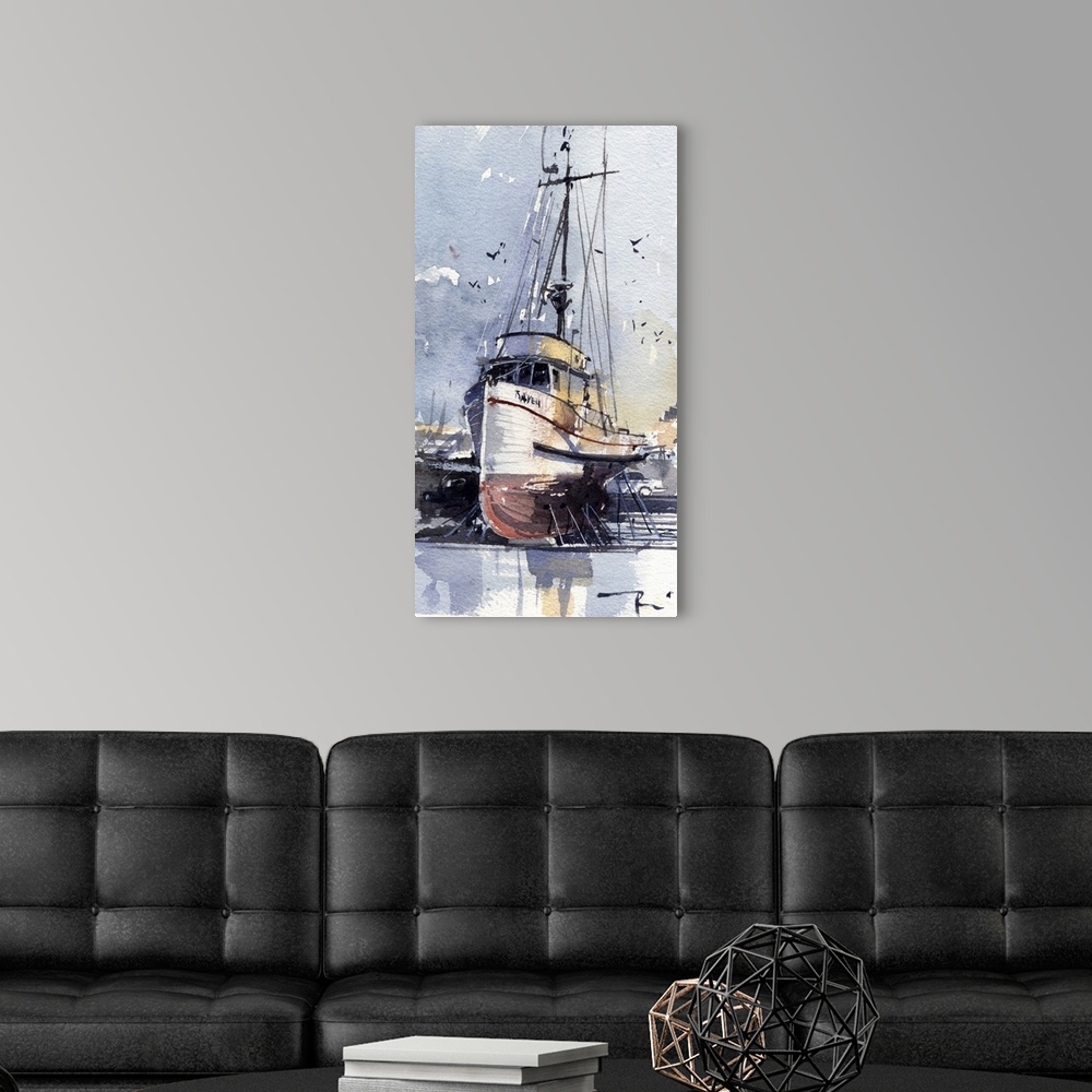 A modern room featuring Gestural brush strokes of muted watercolors illustrate a ship on land awaiting repairs.