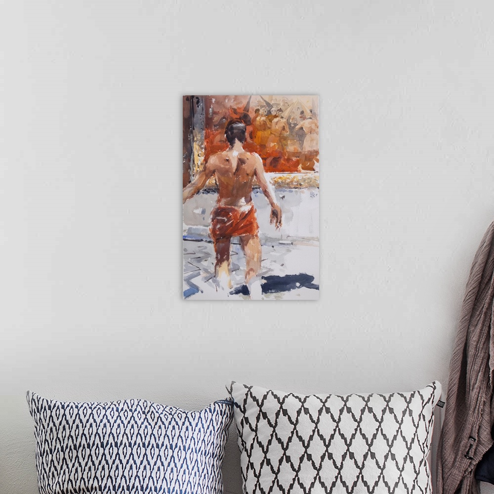 A bohemian room featuring A young man wearing a red wrap around his hips looks like he is about to step into the painting "...