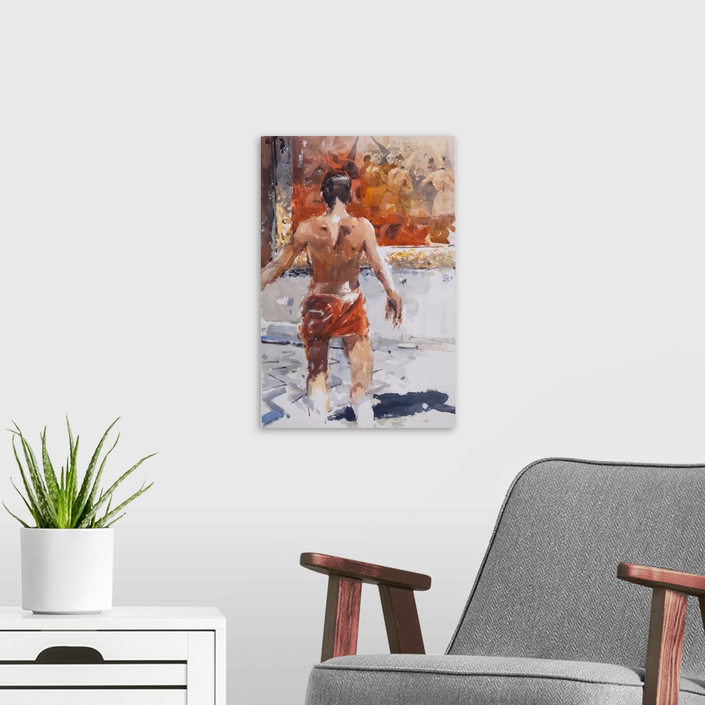 A modern room featuring A young man wearing a red wrap around his hips looks like he is about to step into the painting "...