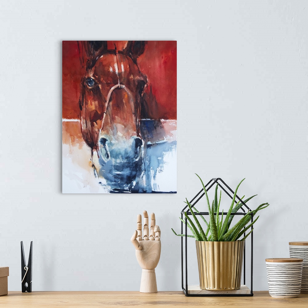 A bohemian room featuring This contemporary artwork features the face of a horse using a bold palette and surrealistic brus...