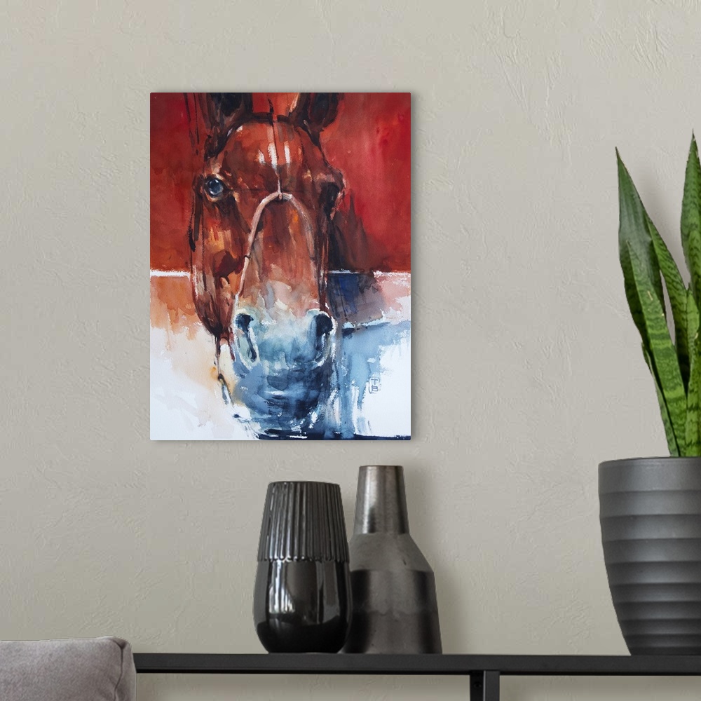 A modern room featuring This contemporary artwork features the face of a horse using a bold palette and surrealistic brus...