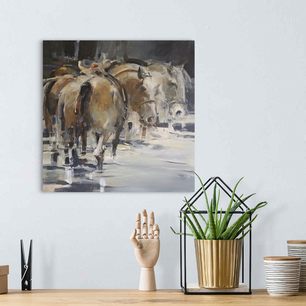 A bohemian room featuring This contemporary artwork showing horses resting in the river using a moody palette and impressio...