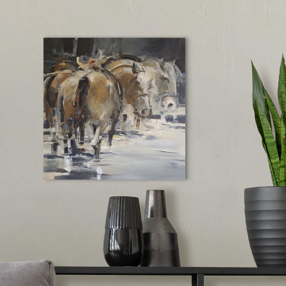 A modern room featuring This contemporary artwork showing horses resting in the river using a moody palette and impressio...