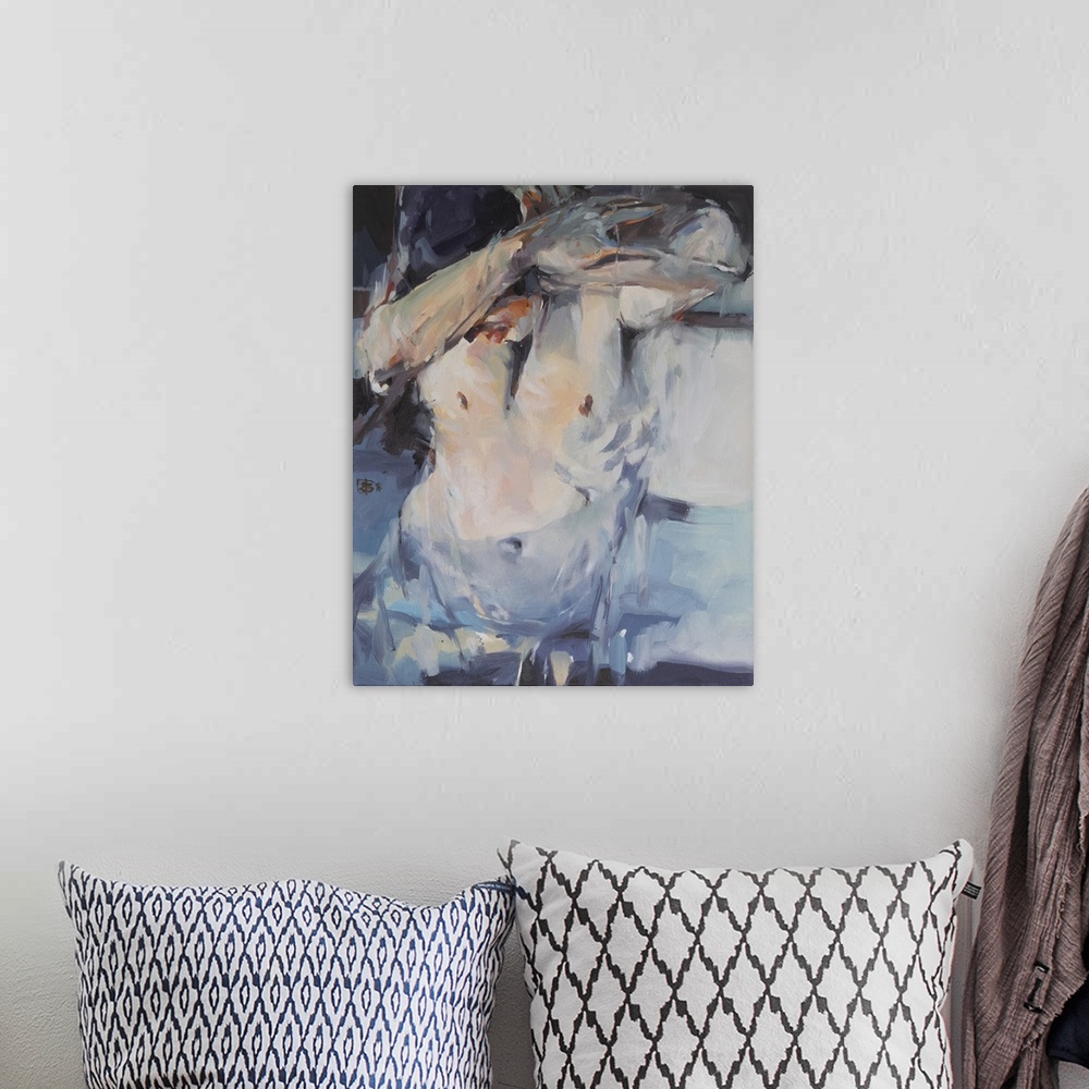 A bohemian room featuring A contemporary portrait of an expressive figure uses impressionistic brush strokes in cool blues ...