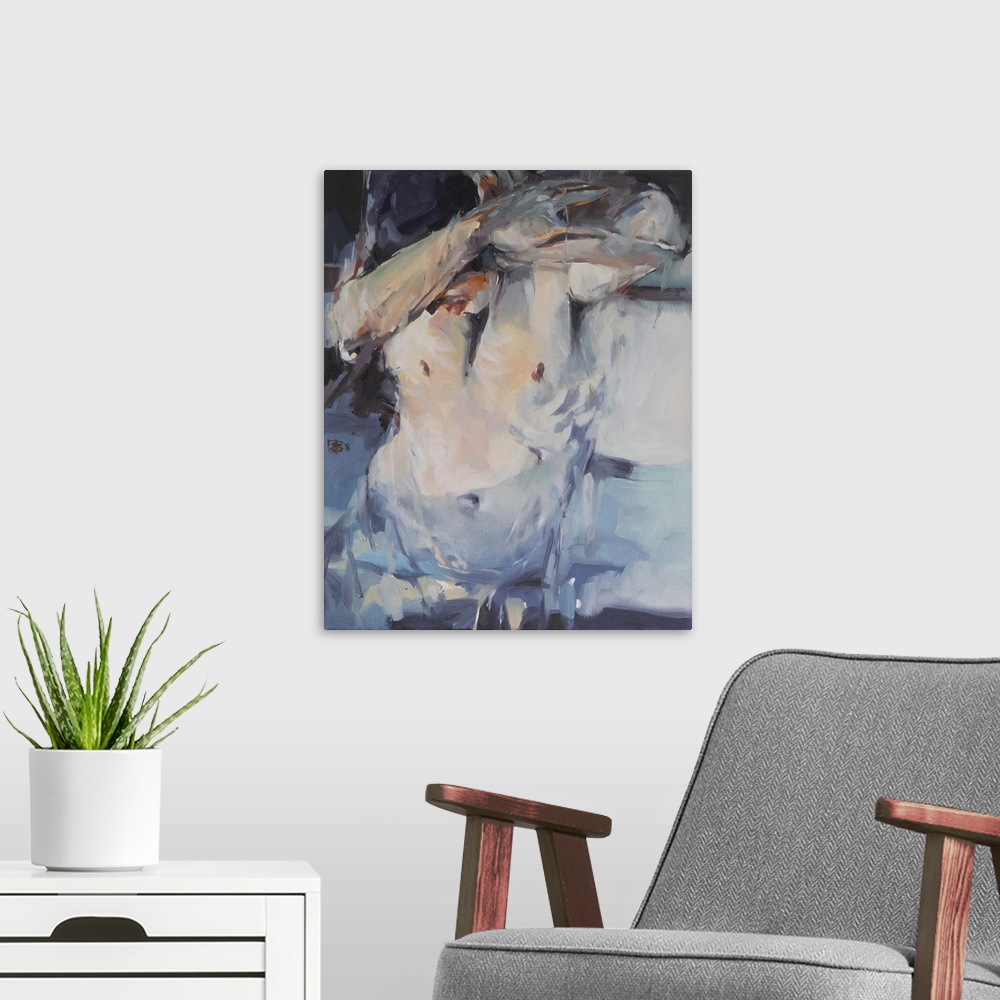 A modern room featuring A contemporary portrait of an expressive figure uses impressionistic brush strokes in cool blues ...