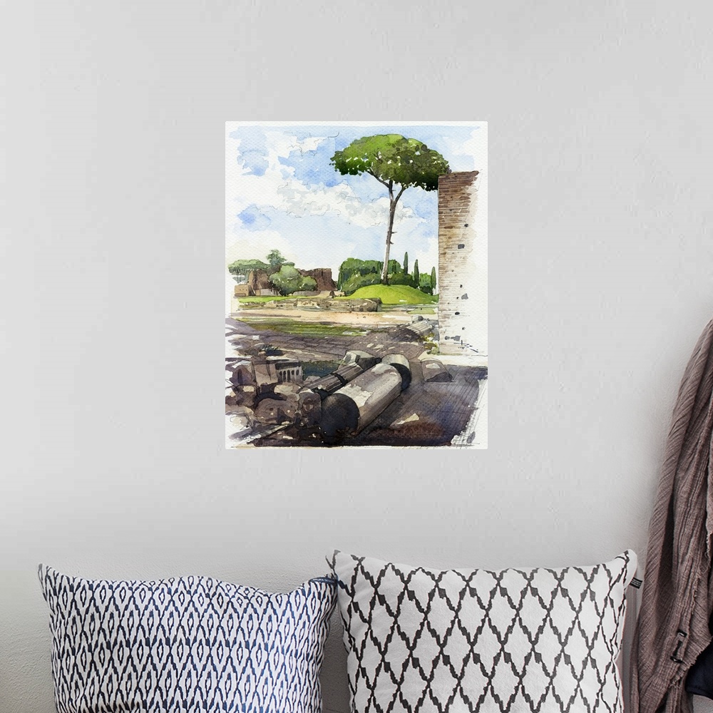 A bohemian room featuring This bright scene uses vibrant greens to accentuate the ancient landscape of Rome.