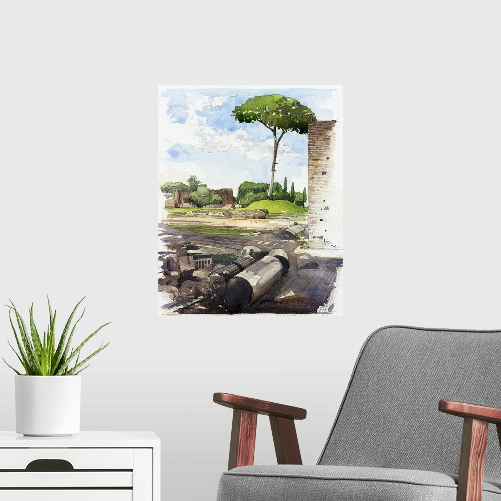 A modern room featuring This bright scene uses vibrant greens to accentuate the ancient landscape of Rome.