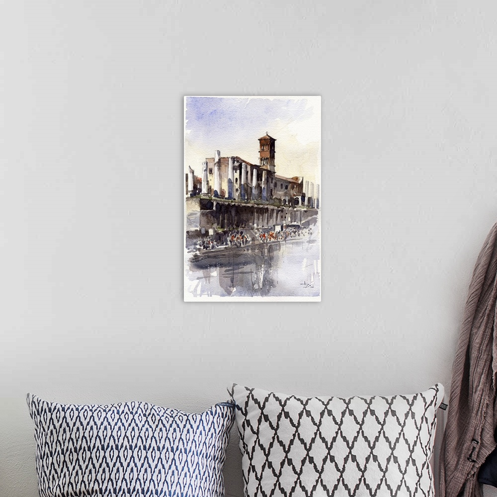 A bohemian room featuring Gestural brush strokes of muted watercolors illustrate tourism at Forum Romanum, Rome.