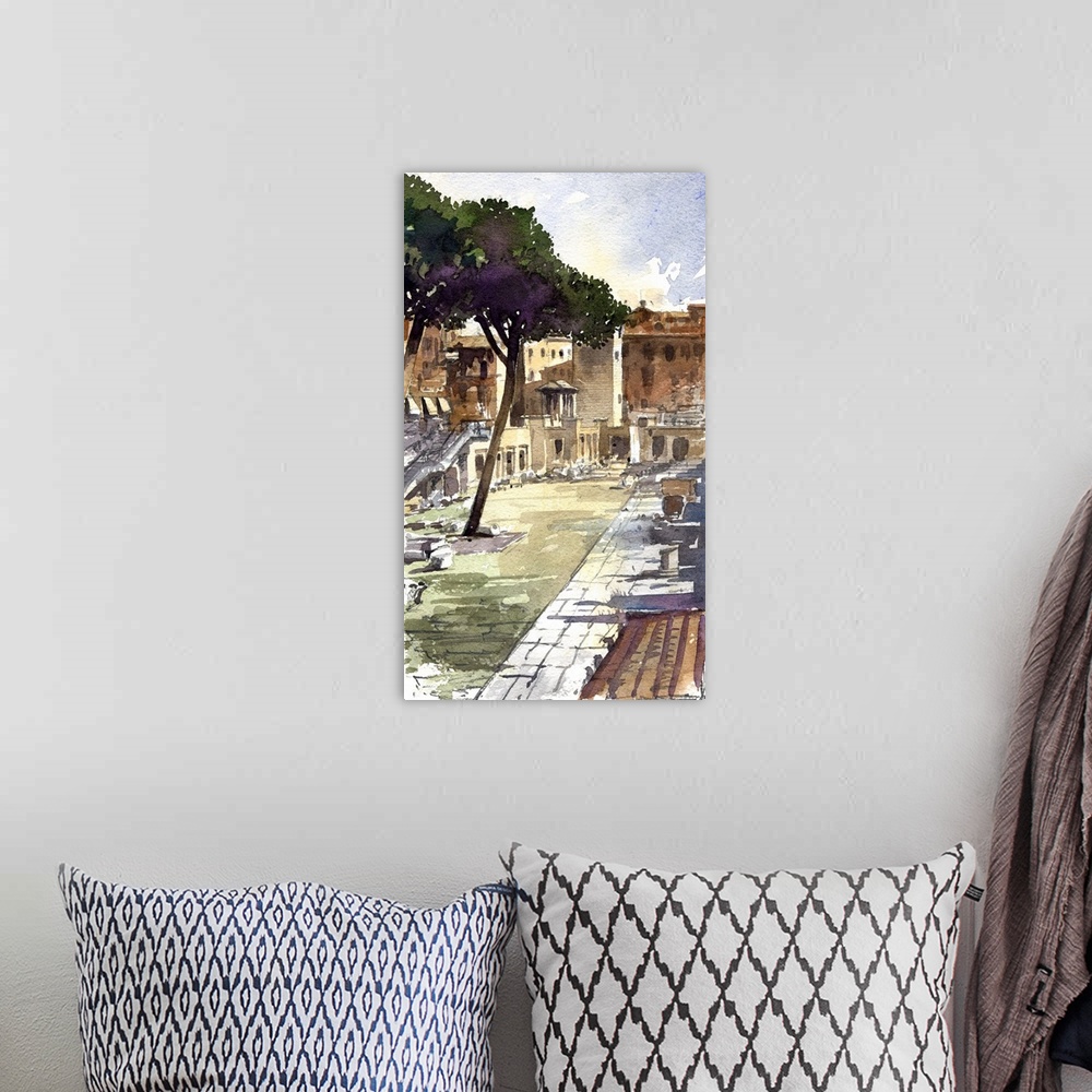A bohemian room featuring This bright scene uses subtle purples to accentuate the ancient landscape of Forum Romanum.