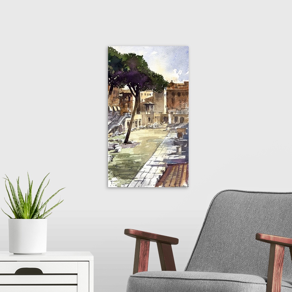 A modern room featuring This bright scene uses subtle purples to accentuate the ancient landscape of Forum Romanum.