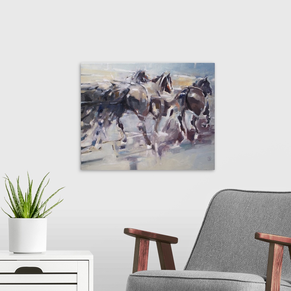 A modern room featuring Full of energy and motion, this contemporary artwork reflects the movement of pack animals by usi...
