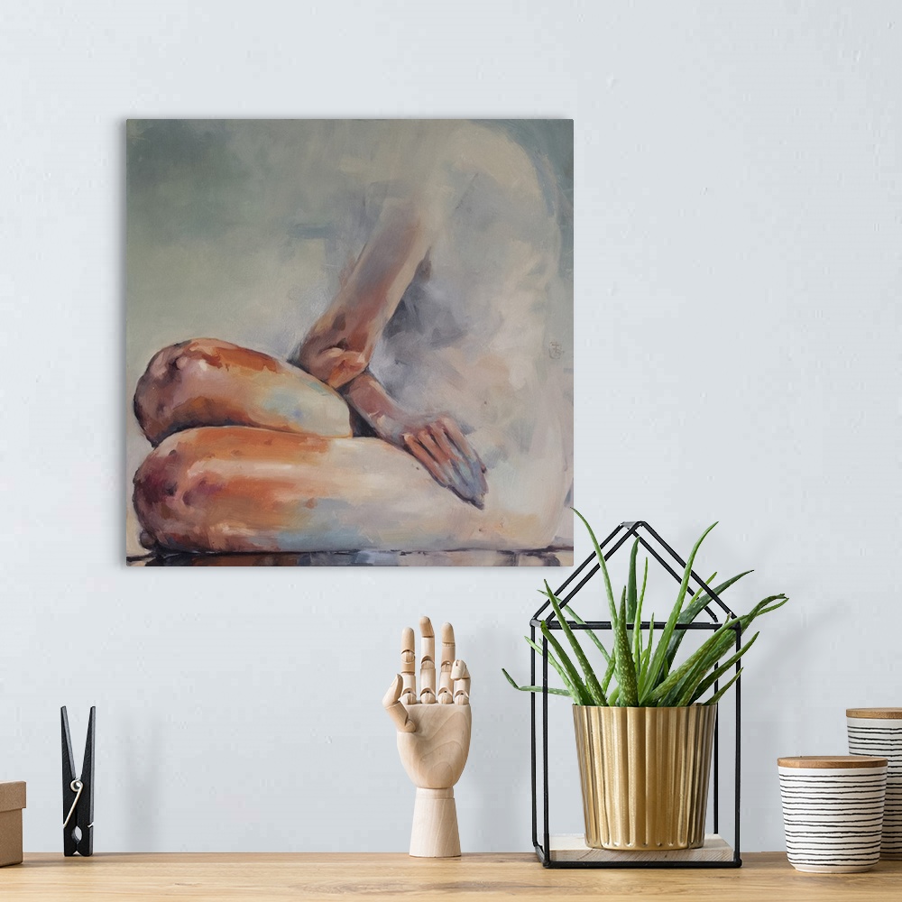 A bohemian room featuring This contemporary artwork features a nude woman seated shaped from soft blues offset by bold oran...
