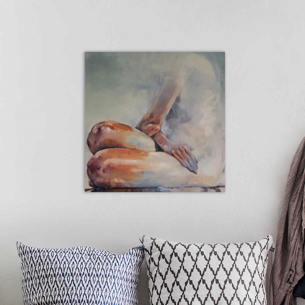 A bohemian room featuring This contemporary artwork features a nude woman seated shaped from soft blues offset by bold oran...