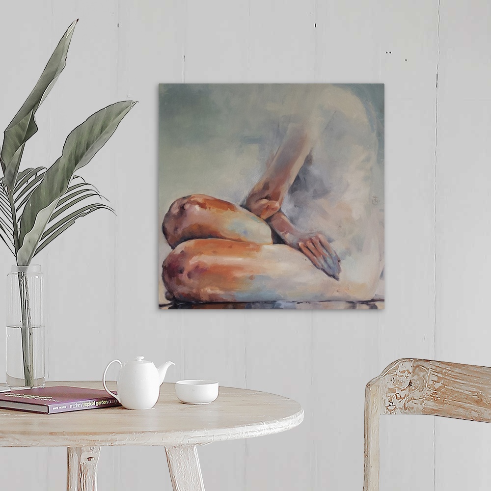 A farmhouse room featuring This contemporary artwork features a nude woman seated shaped from soft blues offset by bold oran...