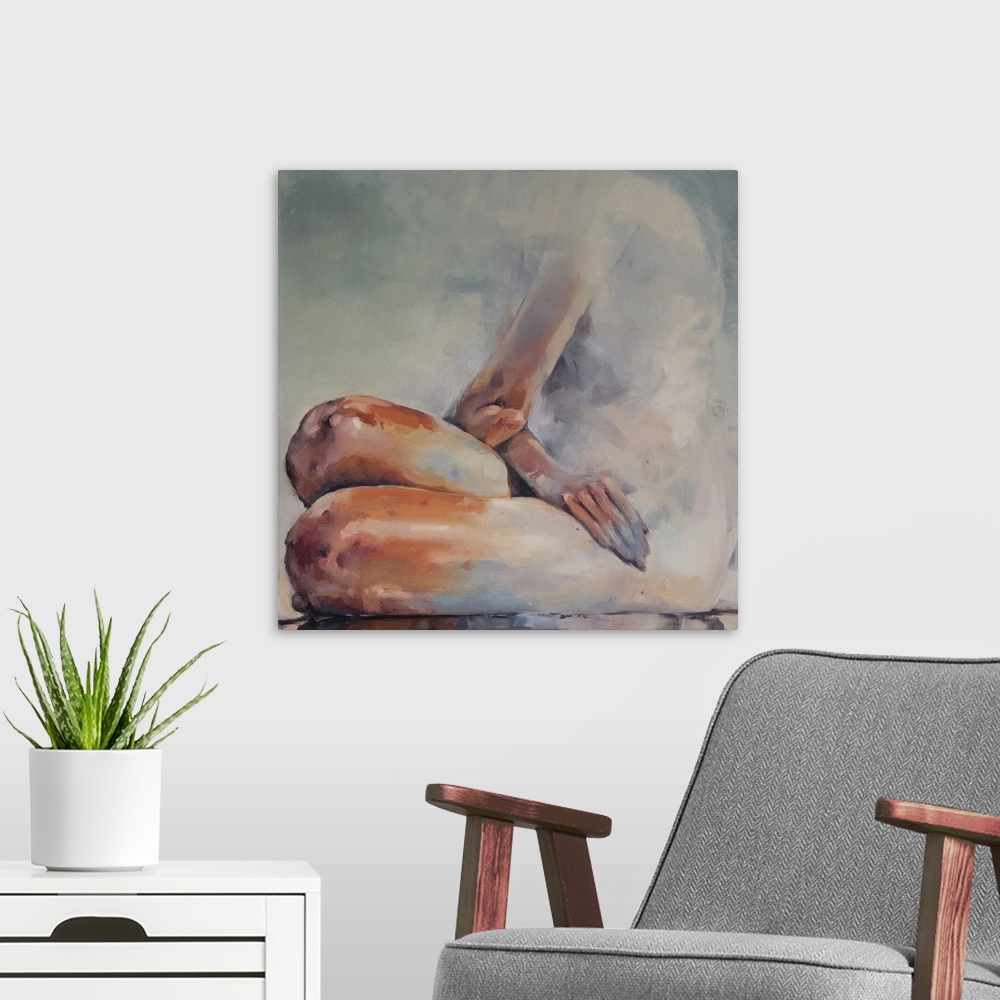 A modern room featuring This contemporary artwork features a nude woman seated shaped from soft blues offset by bold oran...