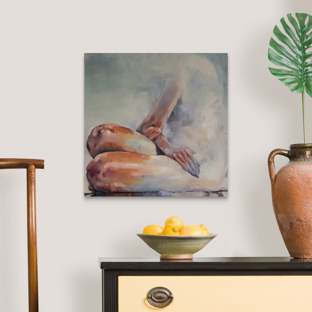 A traditional room featuring This contemporary artwork features a nude woman seated shaped from soft blues offset by bold oran...