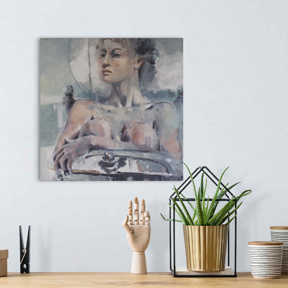 A bohemian room featuring This contemporary artwork features a female model gazing into the distance shaped from soft blues...