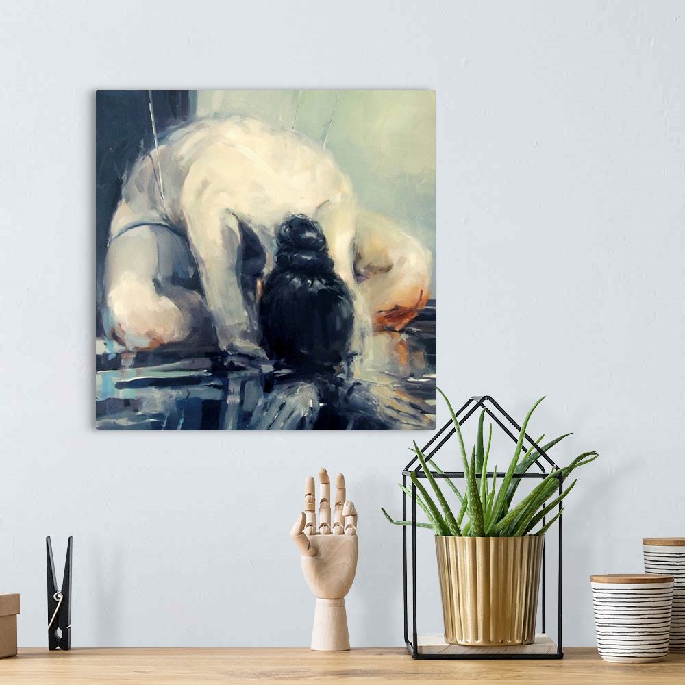 A bohemian room featuring This contemporary artwork features a nude woman seated with her head down shaped from moody blues...