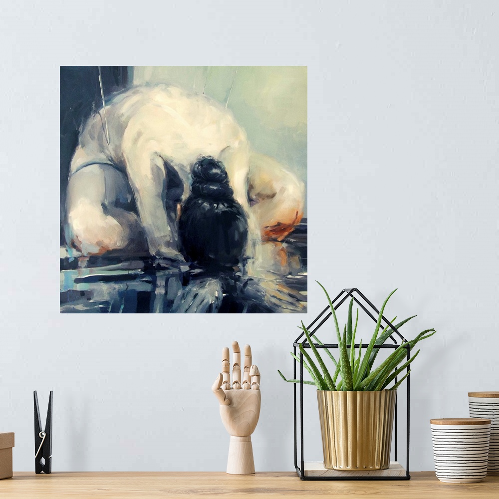 A bohemian room featuring This contemporary artwork features a nude woman seated with her head down shaped from moody blues...