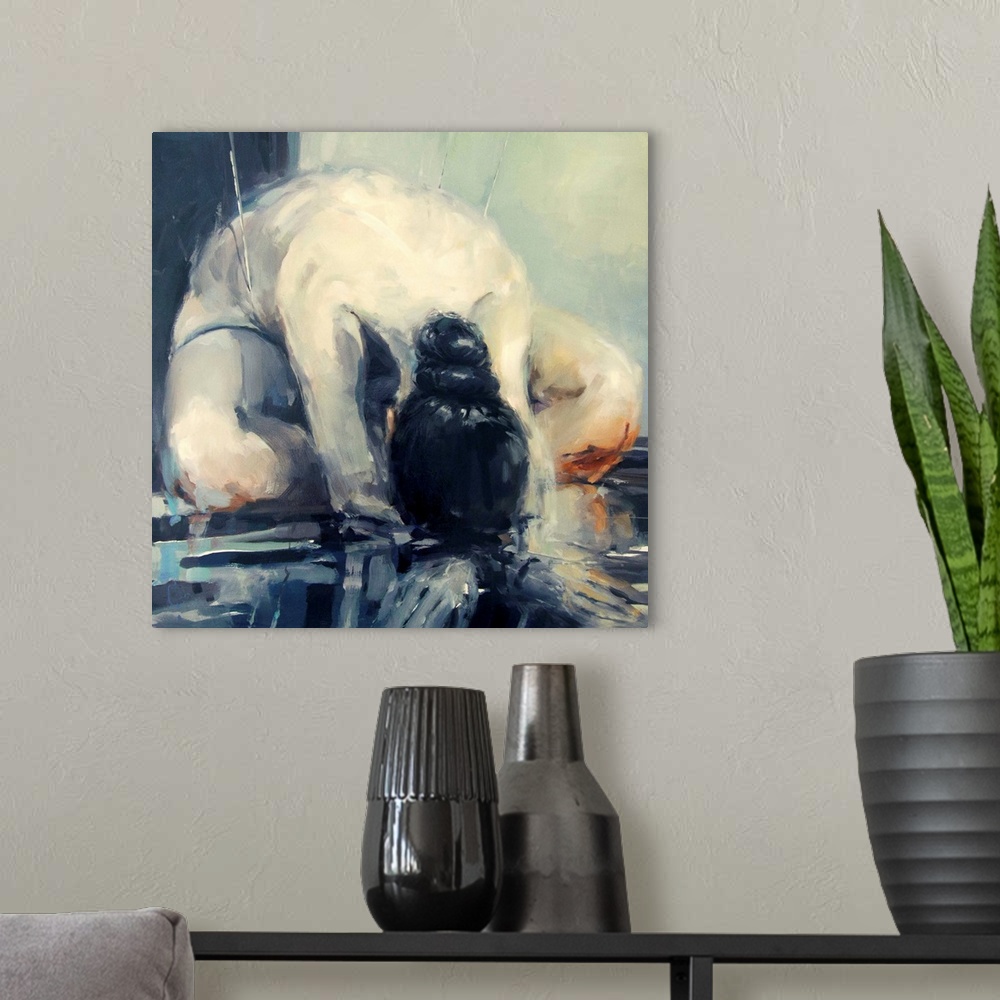 A modern room featuring This contemporary artwork features a nude woman seated with her head down shaped from moody blues...