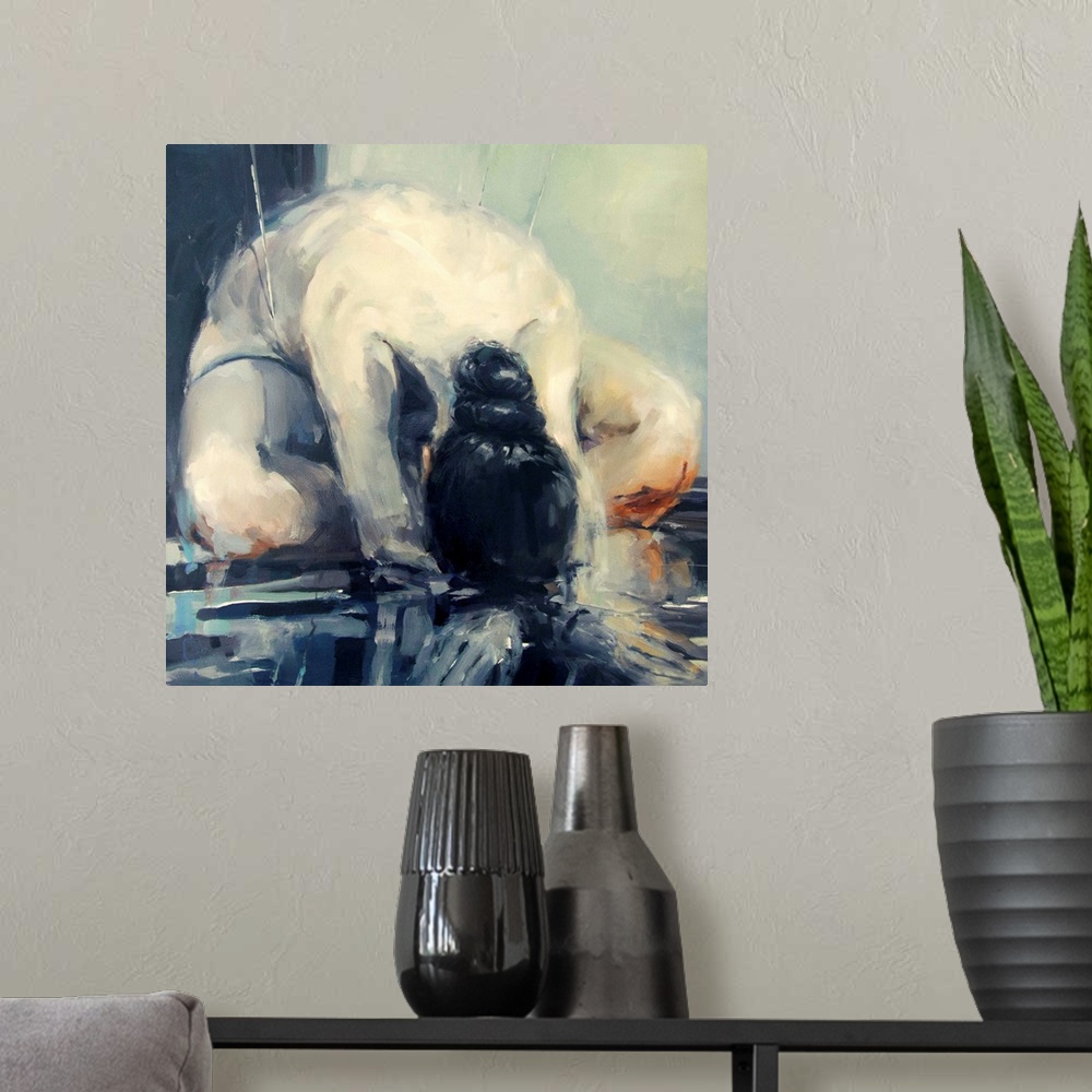 A modern room featuring This contemporary artwork features a nude woman seated with her head down shaped from moody blues...