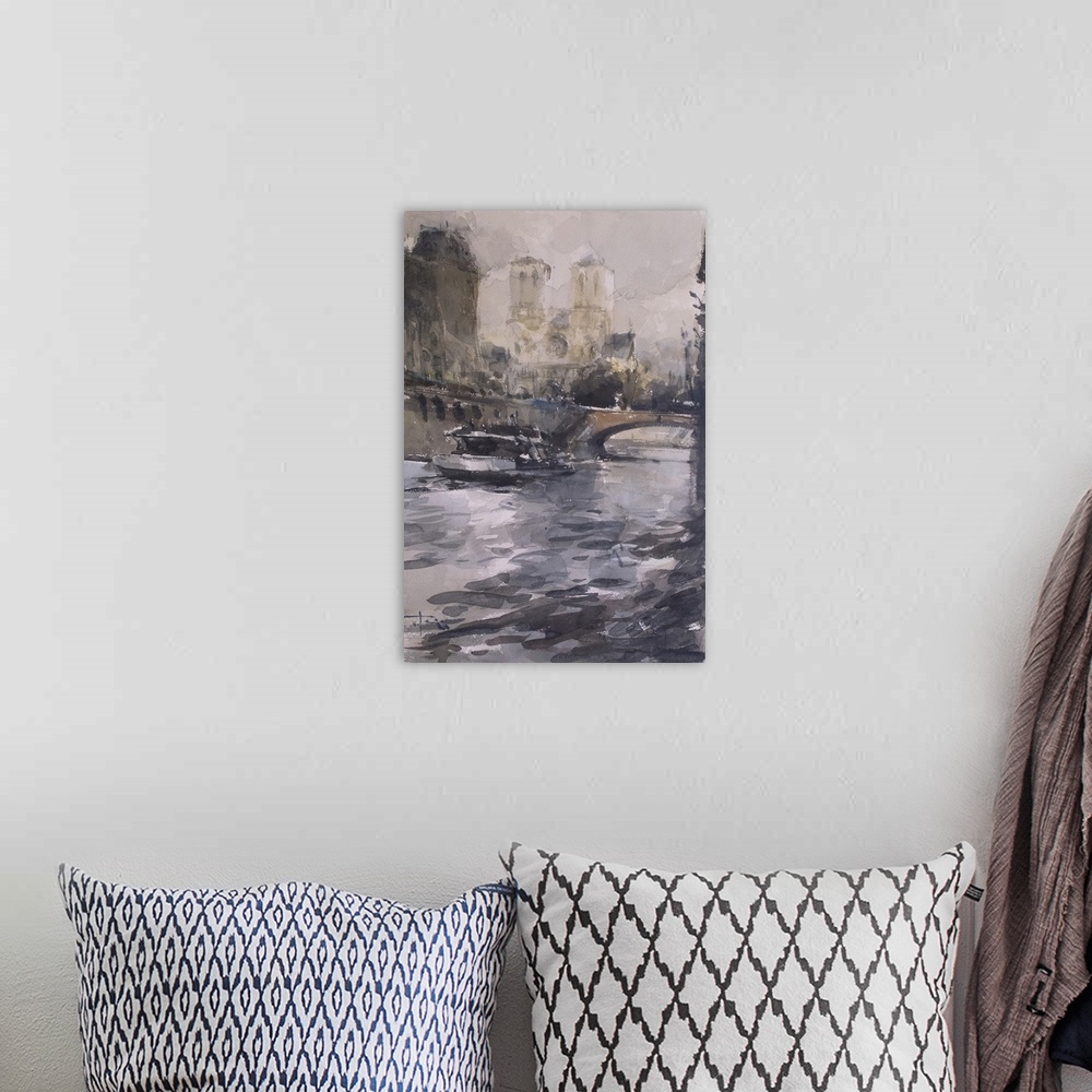 A bohemian room featuring Gestural brush strokes of subdued watercolors create a winter scene of the river Seine with Petit...