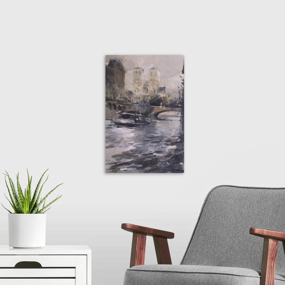 A modern room featuring Gestural brush strokes of subdued watercolors create a winter scene of the river Seine with Petit...
