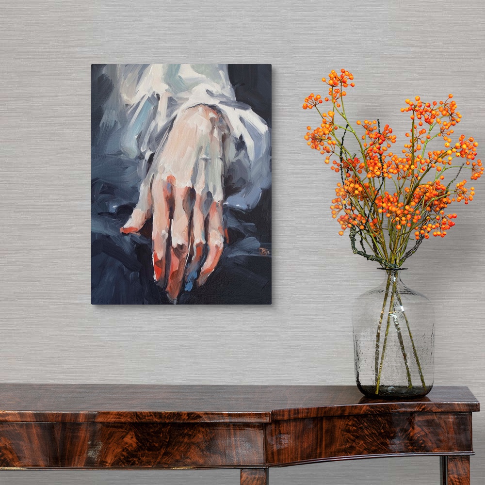 A traditional room featuring Complementary colors and broad brush strokes add to the suspense of this contemporary close-up of...