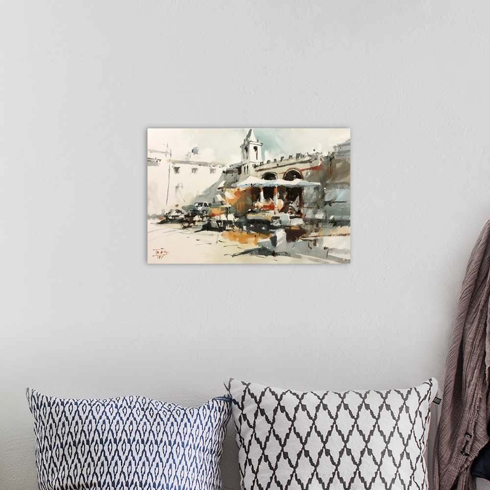 A bohemian room featuring This contemporary artwork is a quick watercolor sketch of one of many Roman squares in Italy.