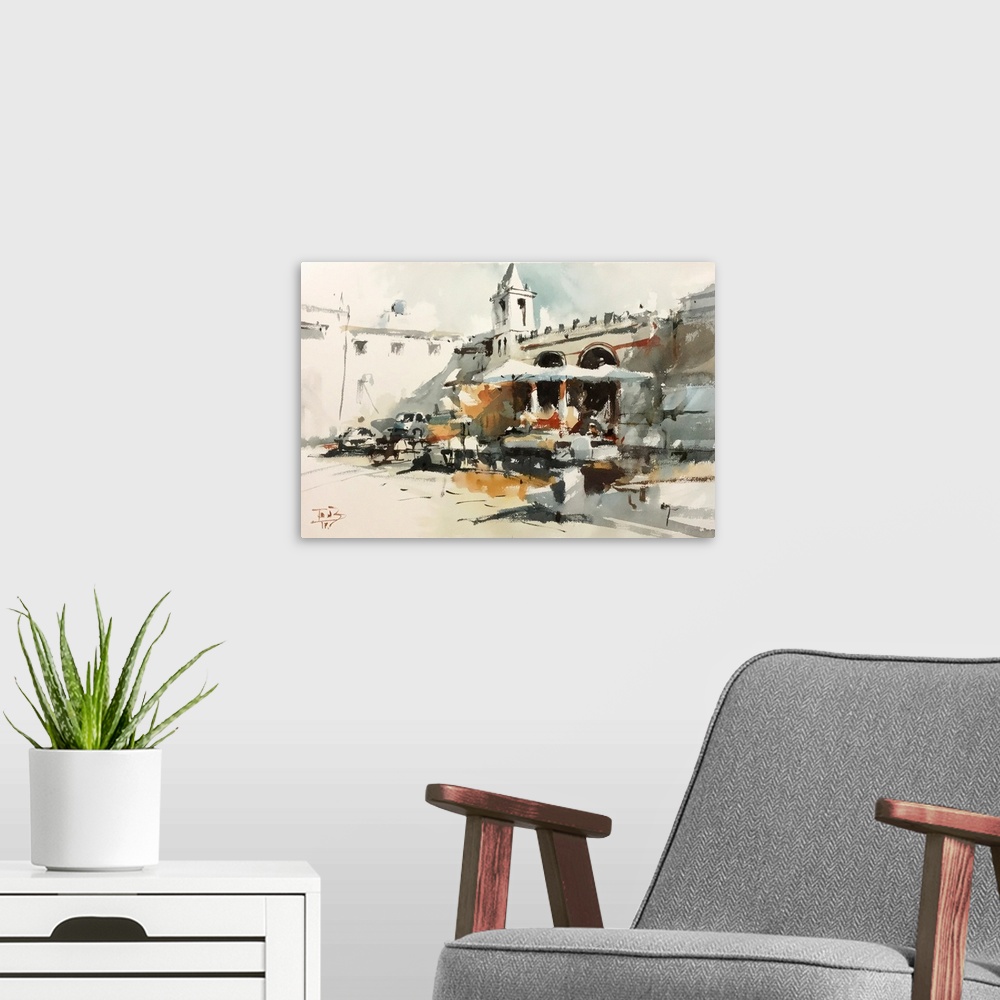 A modern room featuring This contemporary artwork is a quick watercolor sketch of one of many Roman squares in Italy.