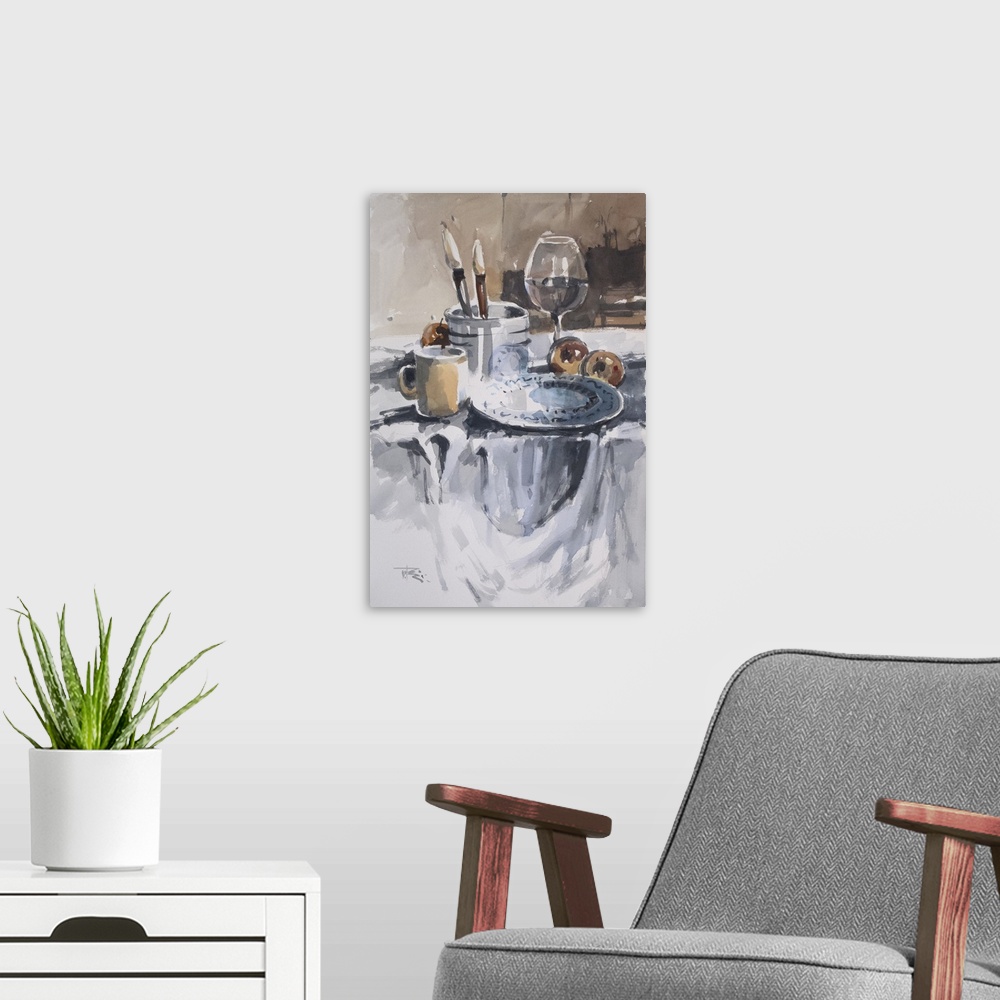 A modern room featuring Everyday objects in soft oranges and blues sit restfully on a table in this contemporary artwork.