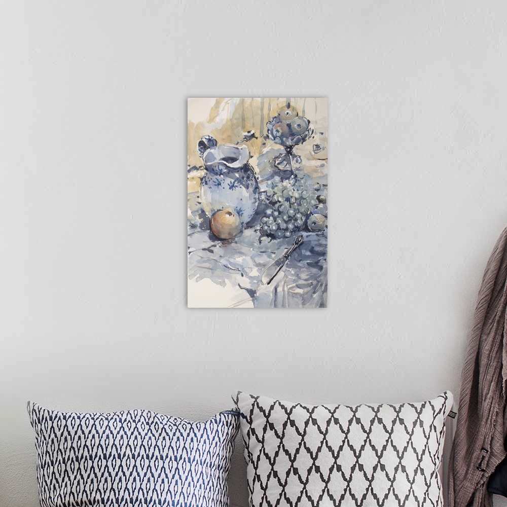 A bohemian room featuring Everyday objects in monochromatic blues sit restfully on a table in this contemporary artwork.