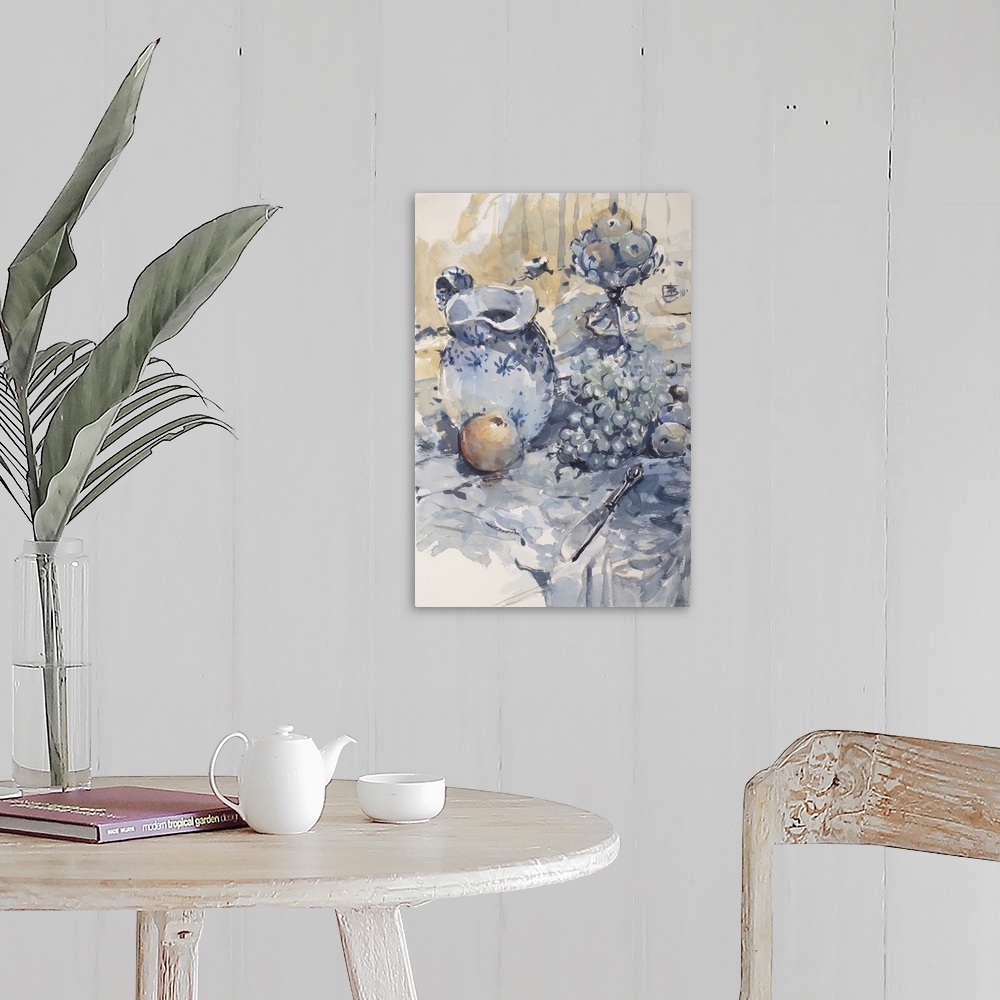 A farmhouse room featuring Everyday objects in monochromatic blues sit restfully on a table in this contemporary artwork.