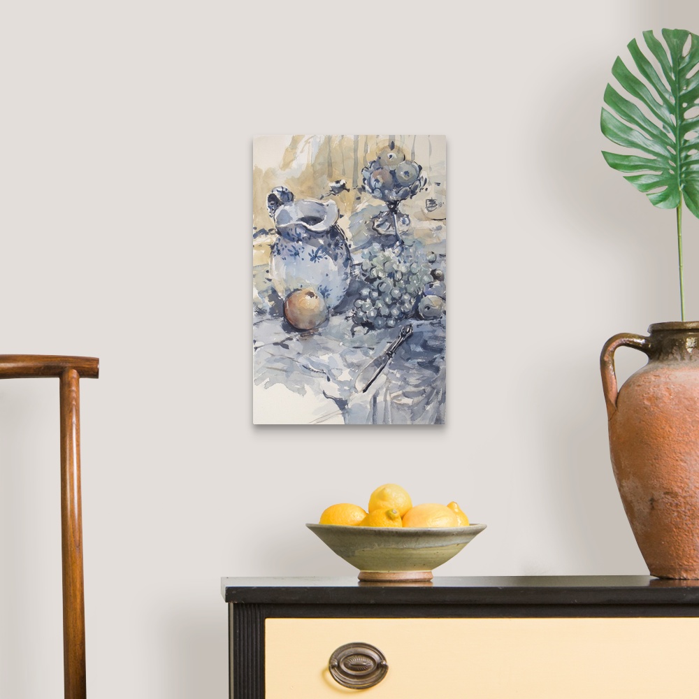 A traditional room featuring Everyday objects in monochromatic blues sit restfully on a table in this contemporary artwork.