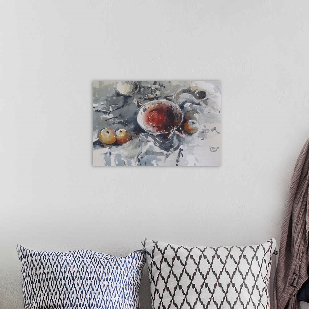 A bohemian room featuring Everyday objects in soft oranges and blues sit restfully on a table in this contemporary artwork.