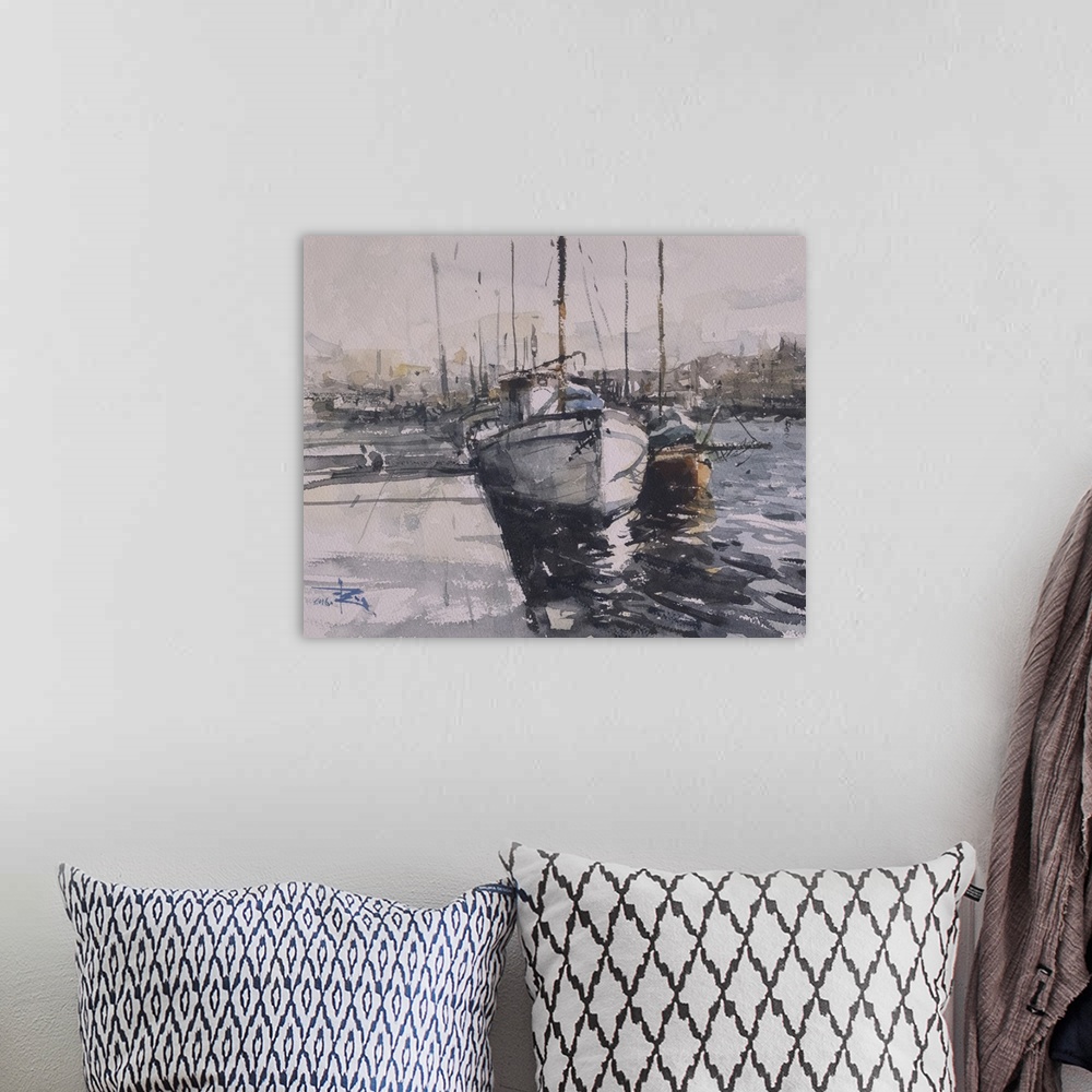 A bohemian room featuring This contemporary artwork features dry watercolor brush strokes and heavy shadows to create boats...