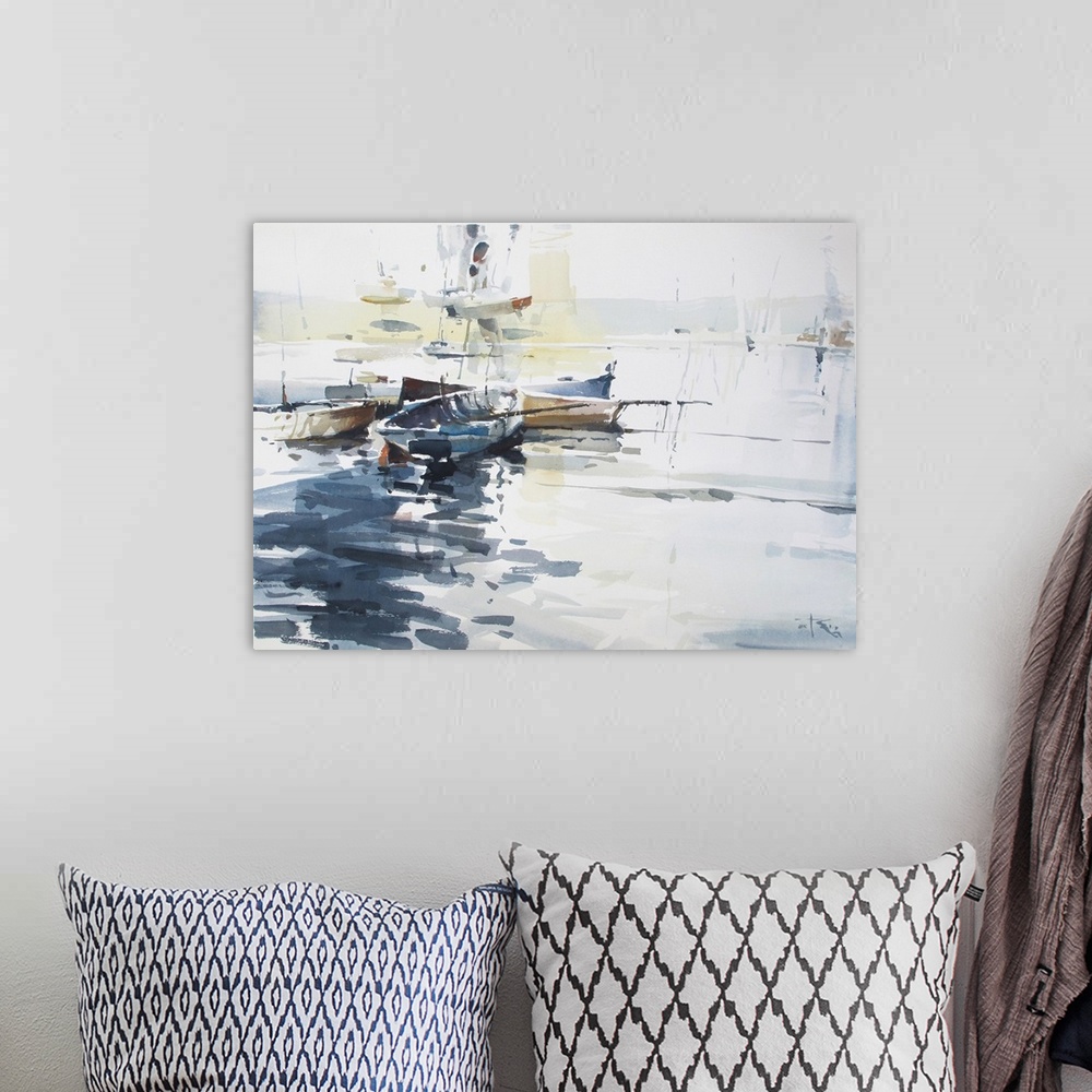 A bohemian room featuring Gestural brush strokes of dark blue watercolors illustrate restless waters under a simple boat al...